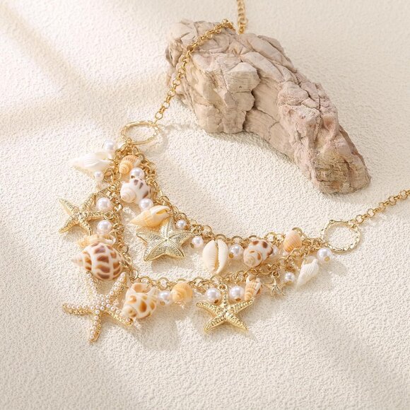 🆕 Women Gold Starfish Natural Seashell Choker Collar Necklace Handmade Jewelry - Picture 2 of 7